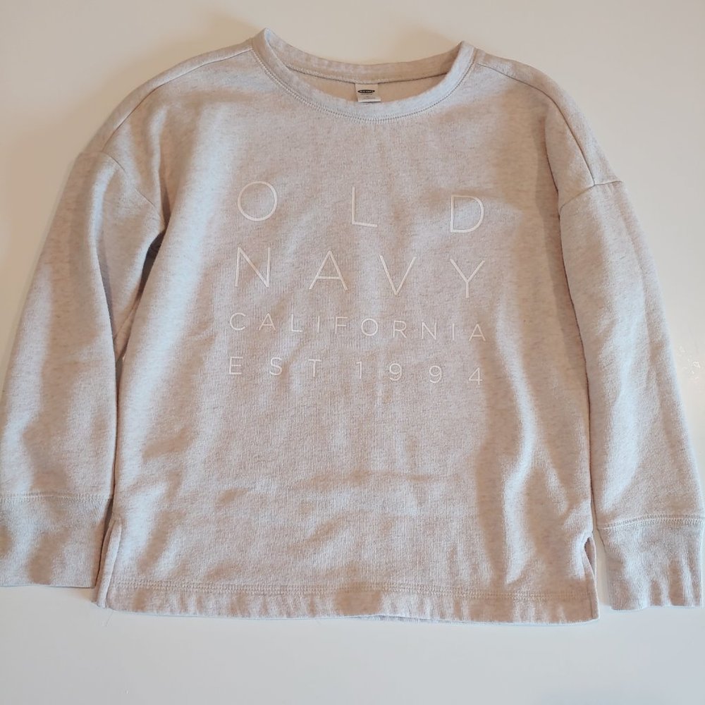 Old Navy | Oatmeal Metallic Gold Logo Long Sleeve Pullover Sweatshirt | M